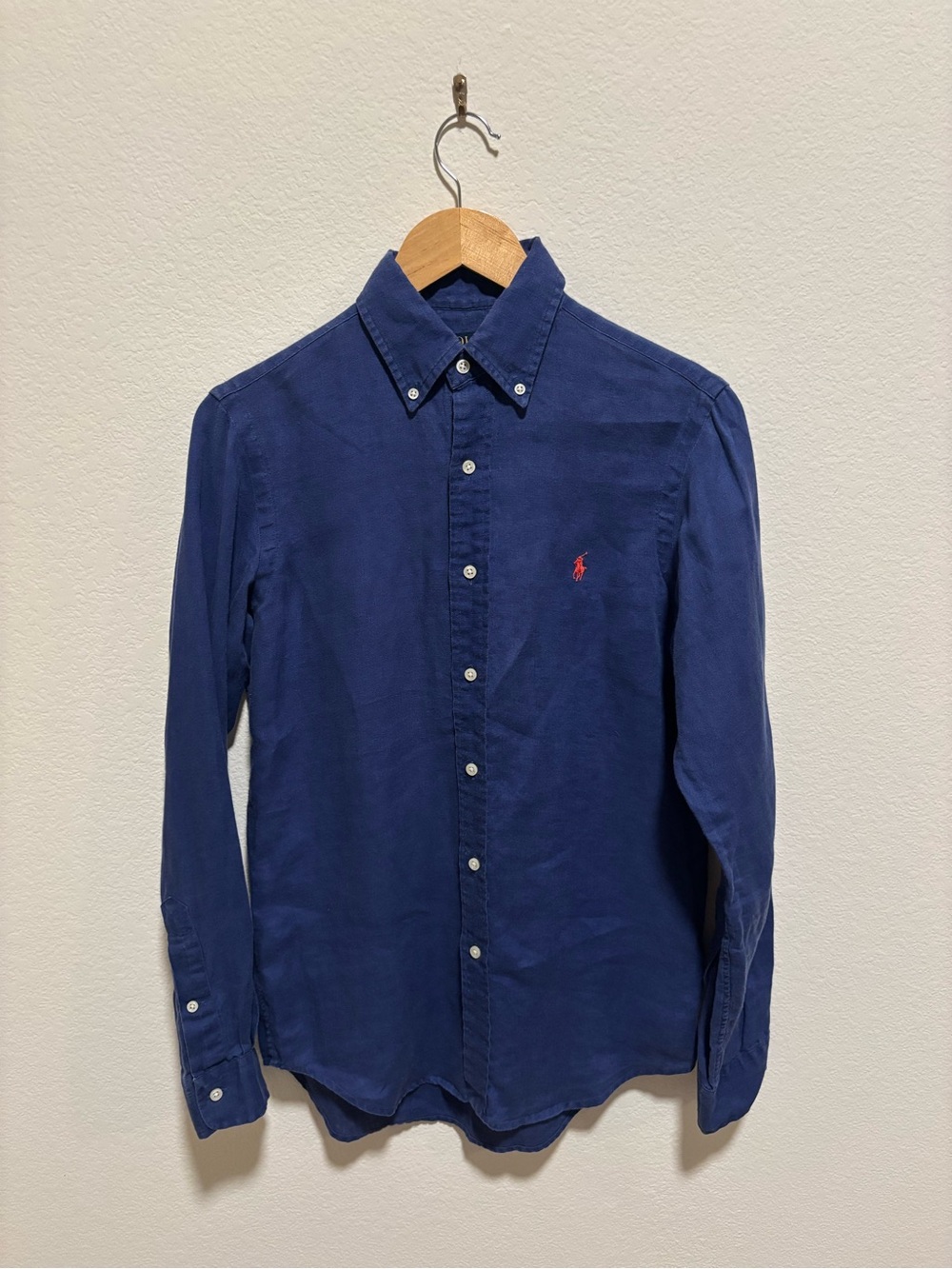Ralph Lauren Navy Button-Down Shirt with Red Polo Logo